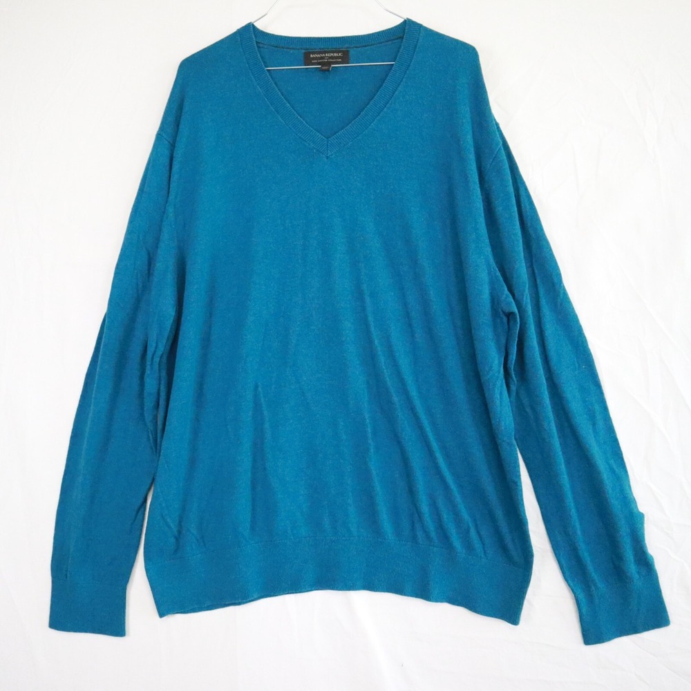 Banana Republic Sweater Mens XL Luxe Pullover Knit V-Neck Blue Long Sleeve